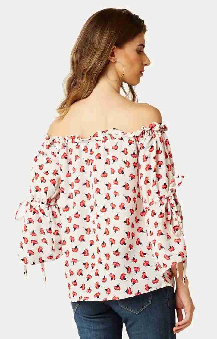 Women's Beige Polyester FloralCasualwear Off Shoulder Top