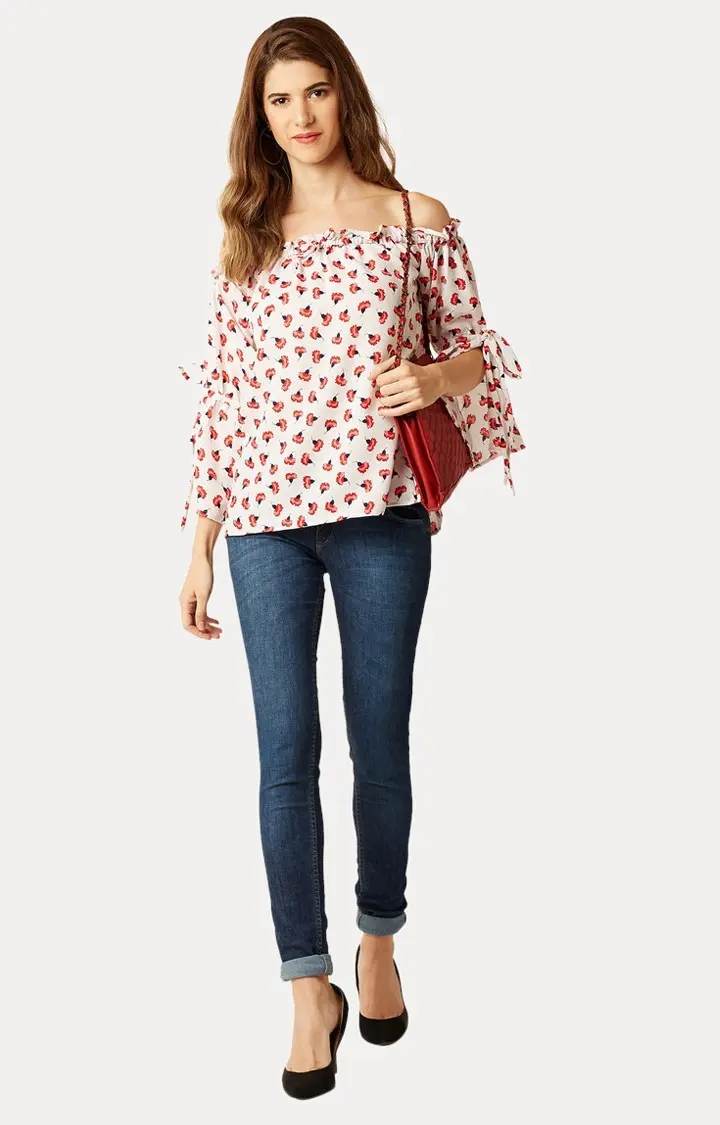 Women's Beige Polyester FloralCasualwear Off Shoulder Top