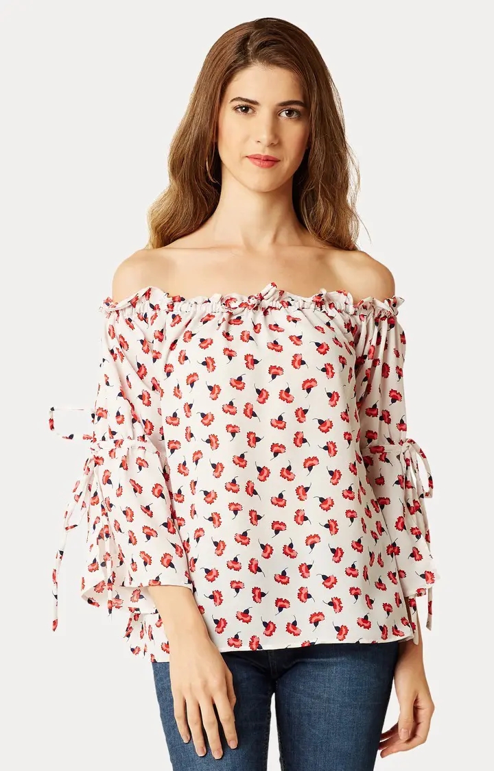 MISS CHASE | Women's Beige Polyester FloralCasualwear Off Shoulder Top