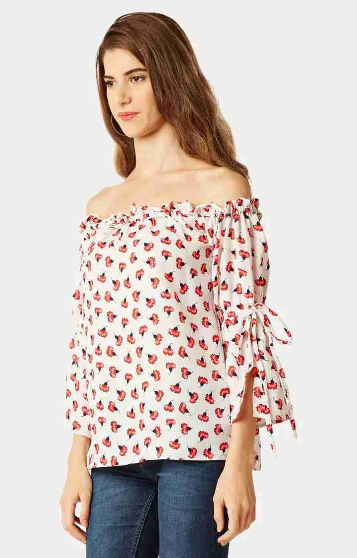 Women's Beige Polyester FloralCasualwear Off Shoulder Top