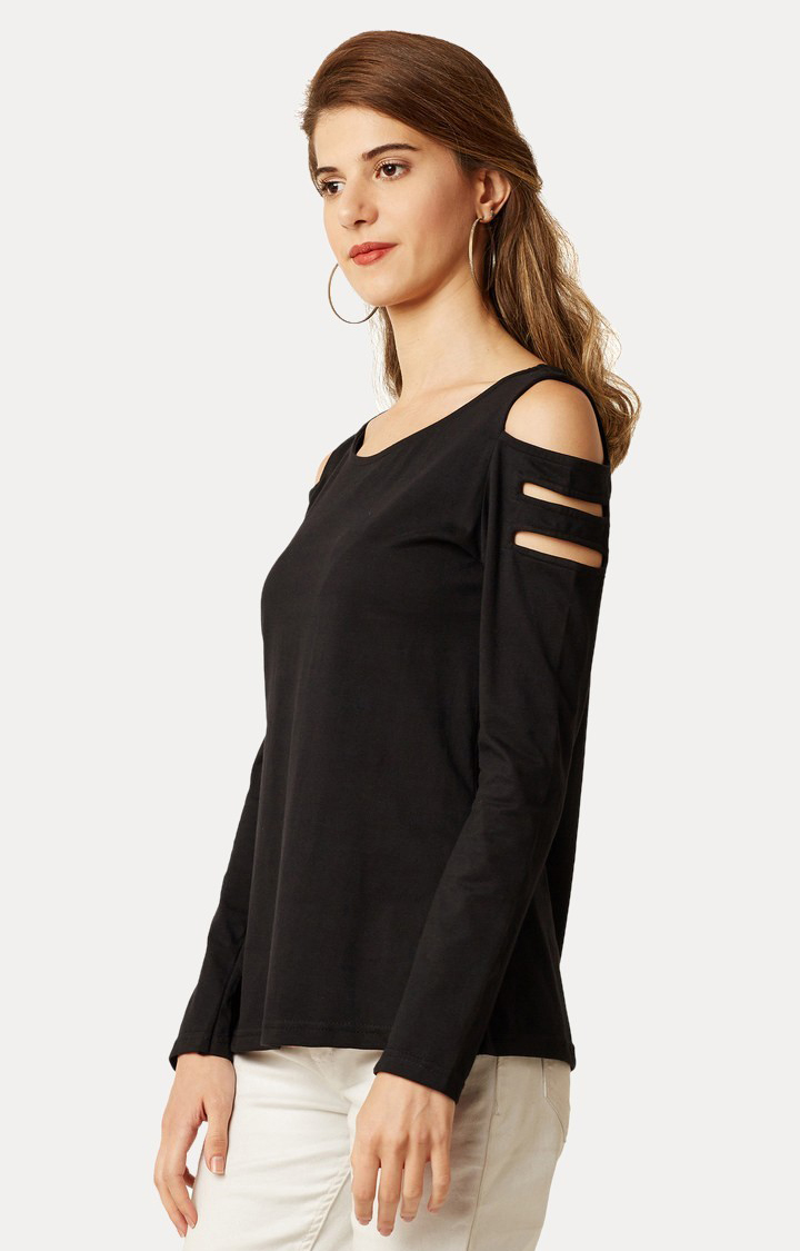 Women's Black Cotton SolidCasualwear Tops