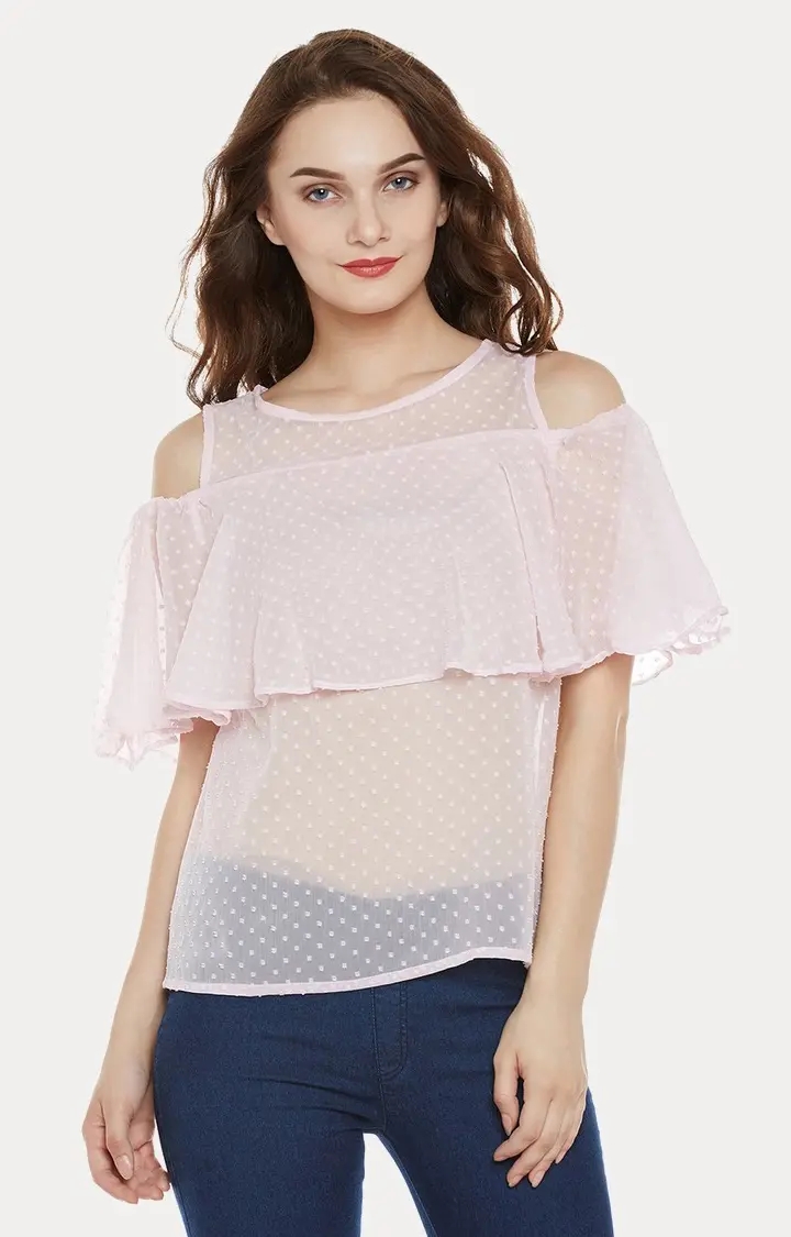 MISS CHASE | Women's Pink Chiffon Polka DotsCasualwear Tops