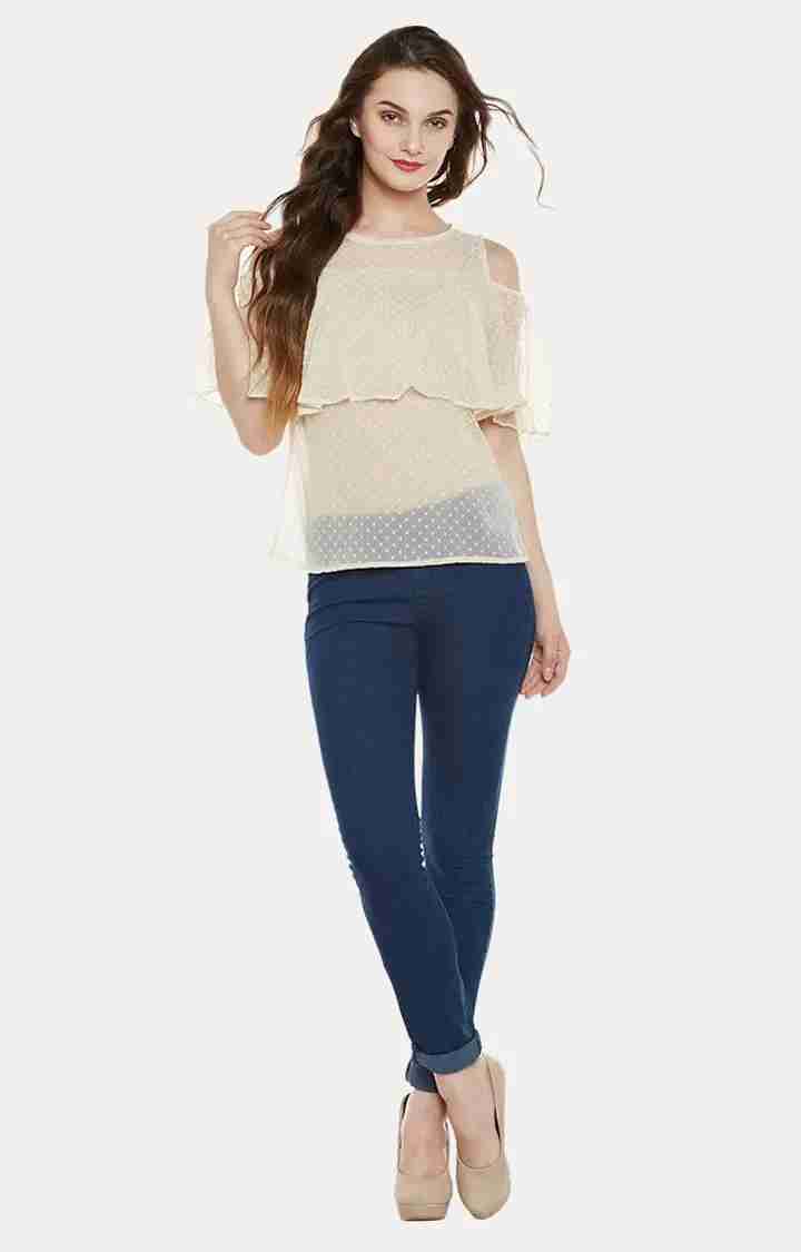 Women's Beige Chiffon Polka DotsCasualwear Tops