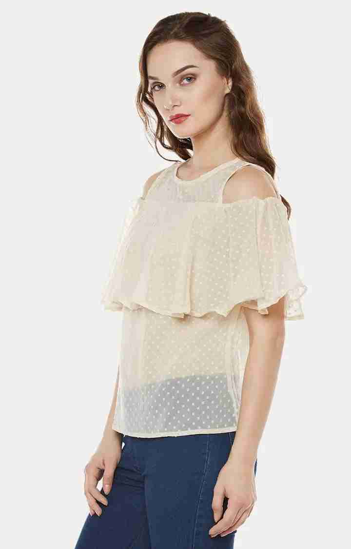 Women's Beige Chiffon Polka DotsCasualwear Tops