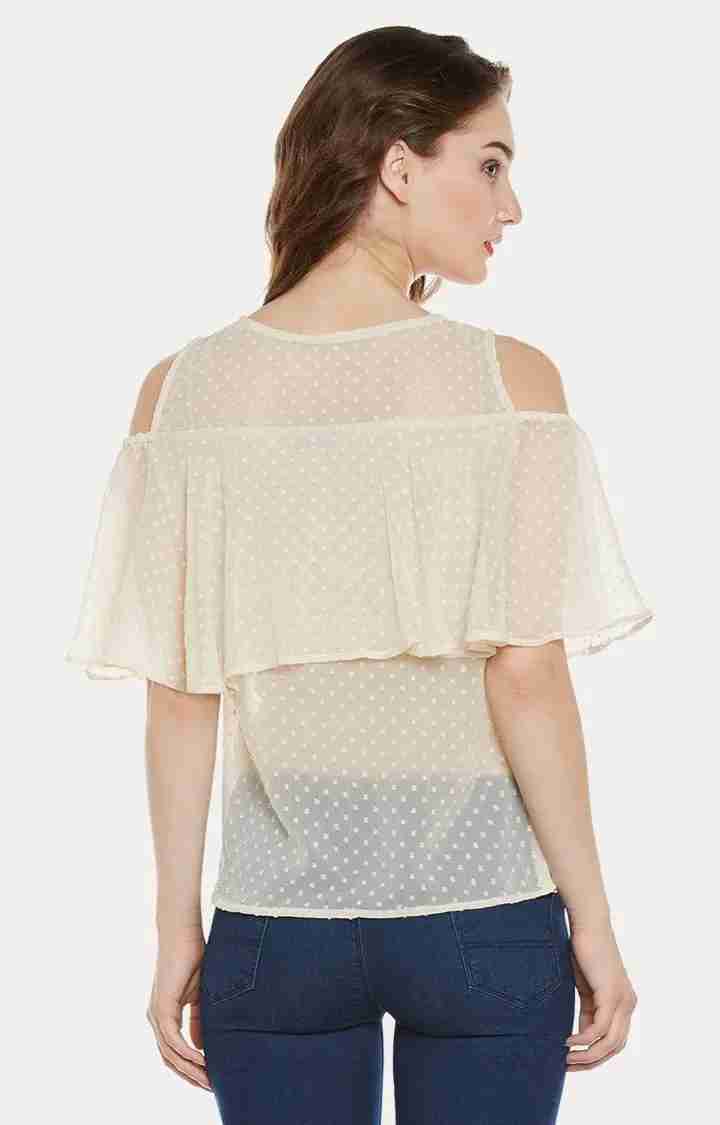 Women's Beige Chiffon Polka DotsCasualwear Tops