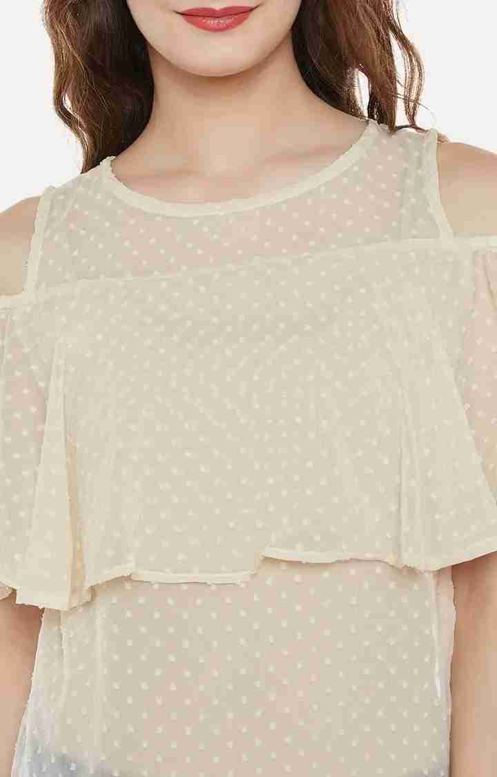 Women's Beige Chiffon Polka DotsCasualwear Tops