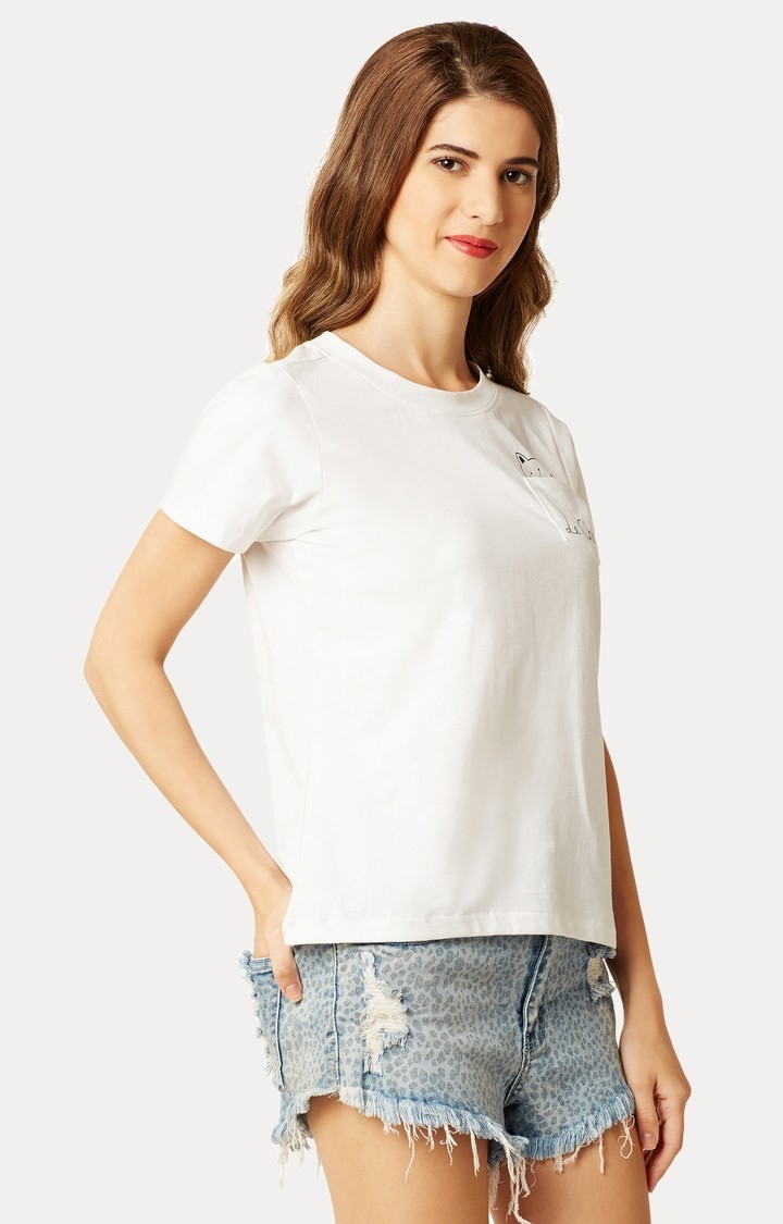 Women's White Cotton PrintedCasualwear Regular T-Shirts