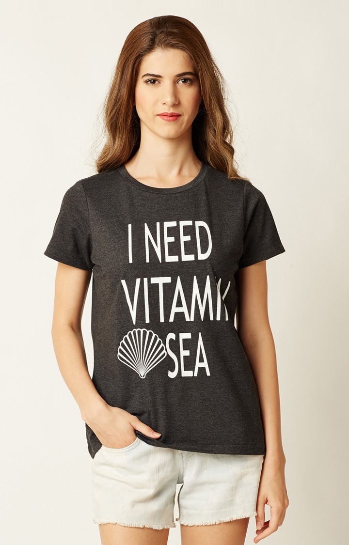 MISS CHASE | Women's Grey Cotton PrintedCasualwear Regular T-Shirts