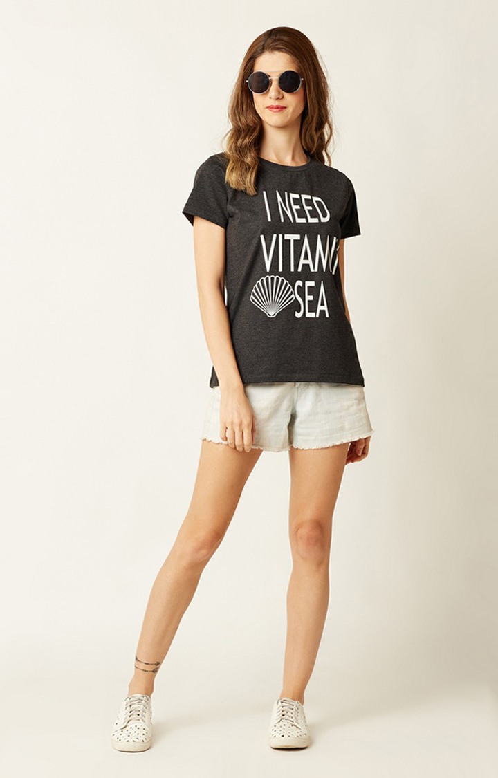 Women's Grey Cotton PrintedCasualwear Regular T-Shirts