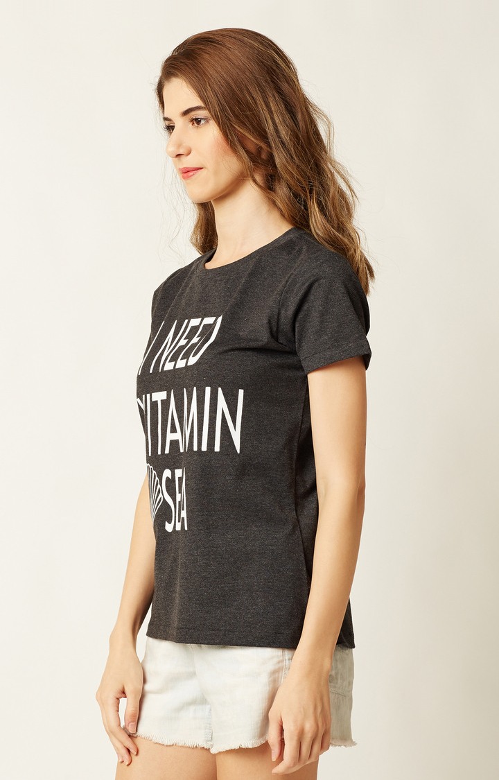 Women's Grey Cotton PrintedCasualwear Regular T-Shirts