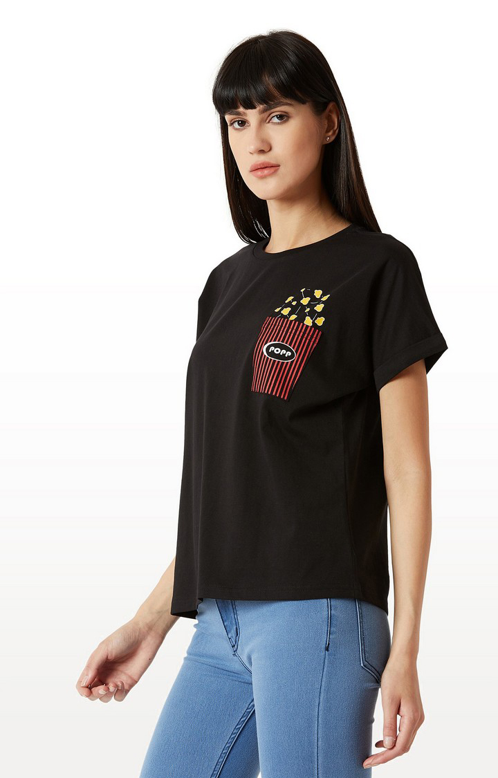 Women's Black Cotton SolidCasualwear Regular T-Shirts