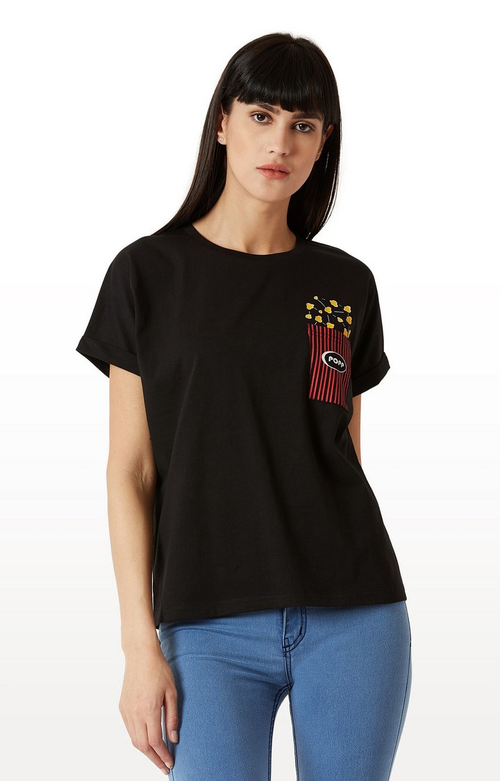 Women's Black Solid Regular T-Shirts