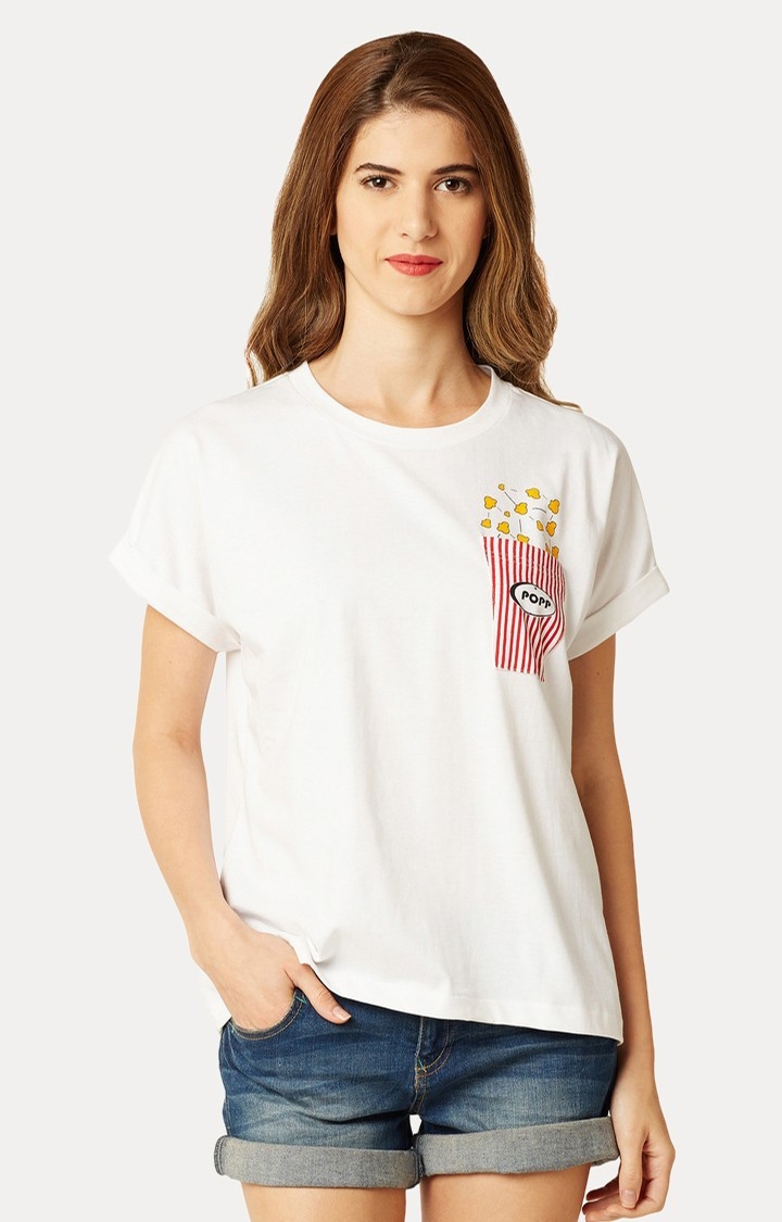 MISS CHASE | Women's White Cotton PrintedCasualwear Regular T-Shirts