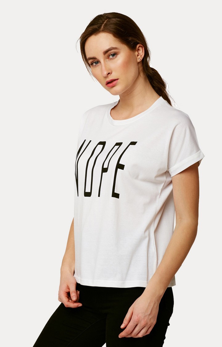 Women's White Cotton PrintedCasualwear Regular T-Shirts