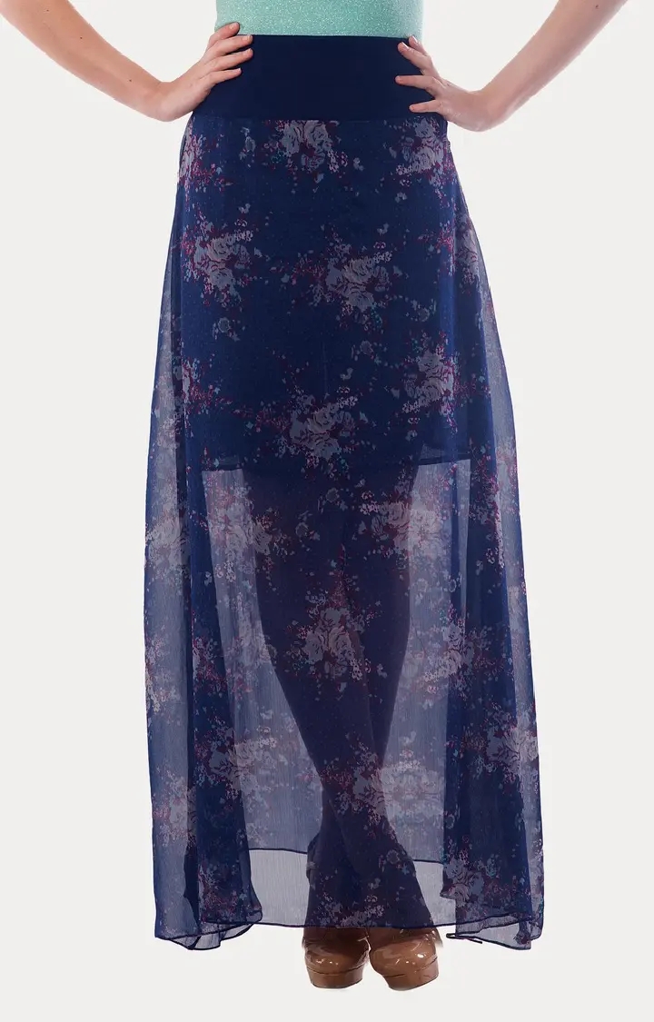 Women's Blue Printed Straight Skirt