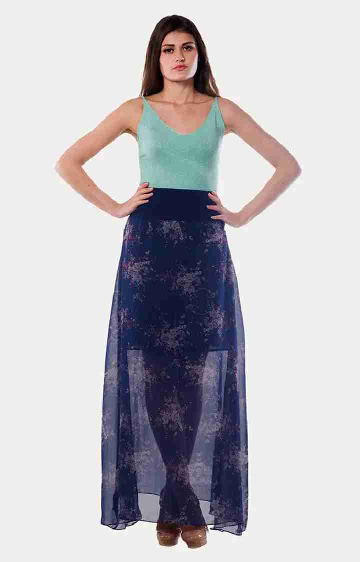 Women's Blue Printed Straight Skirt