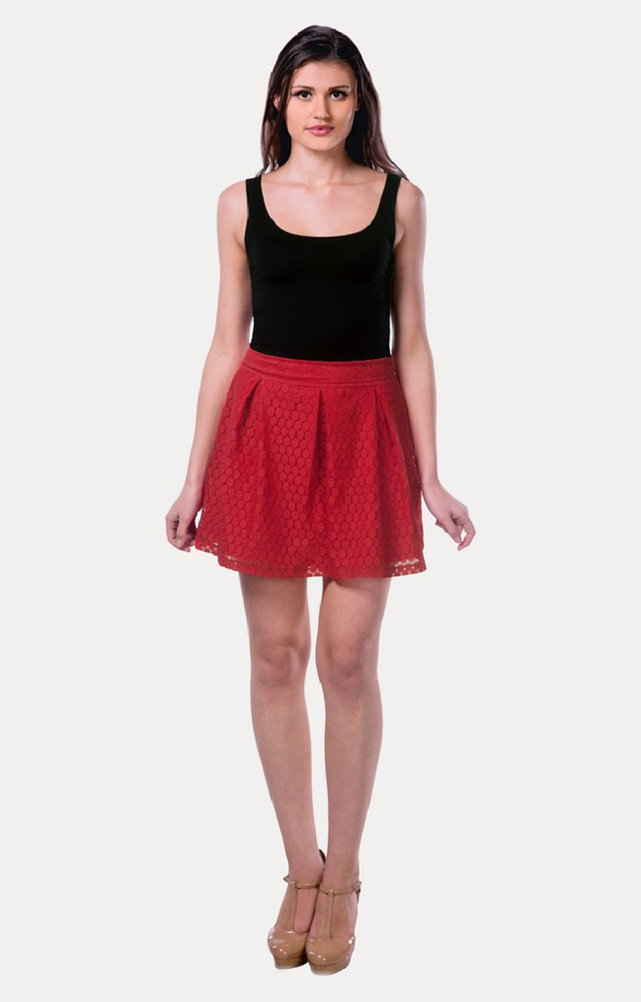 Women's Red Solid Pleated Skirt