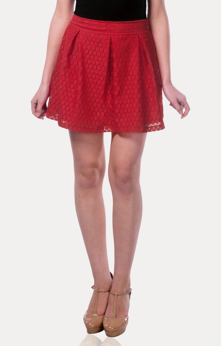MISS CHASE | Women's Red Solid Pleated Skirt