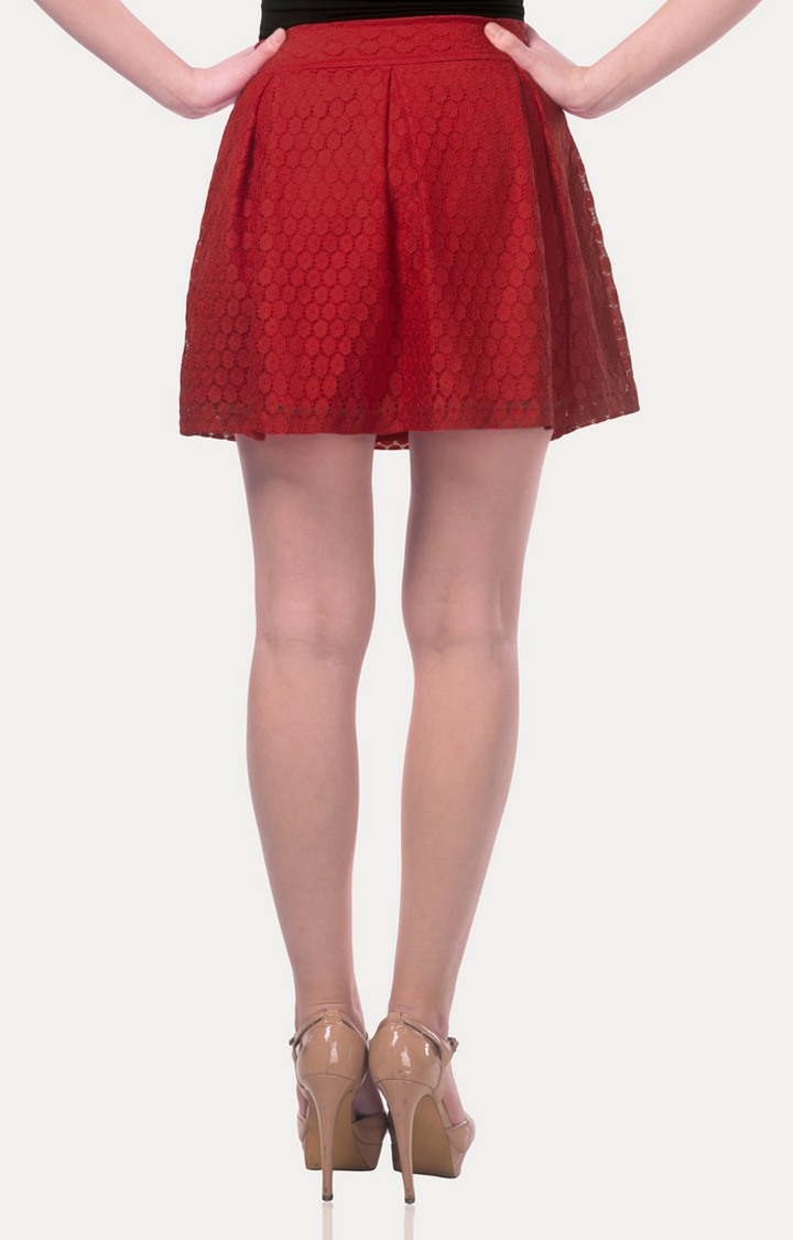 Women's Red Solid Pleated Skirt