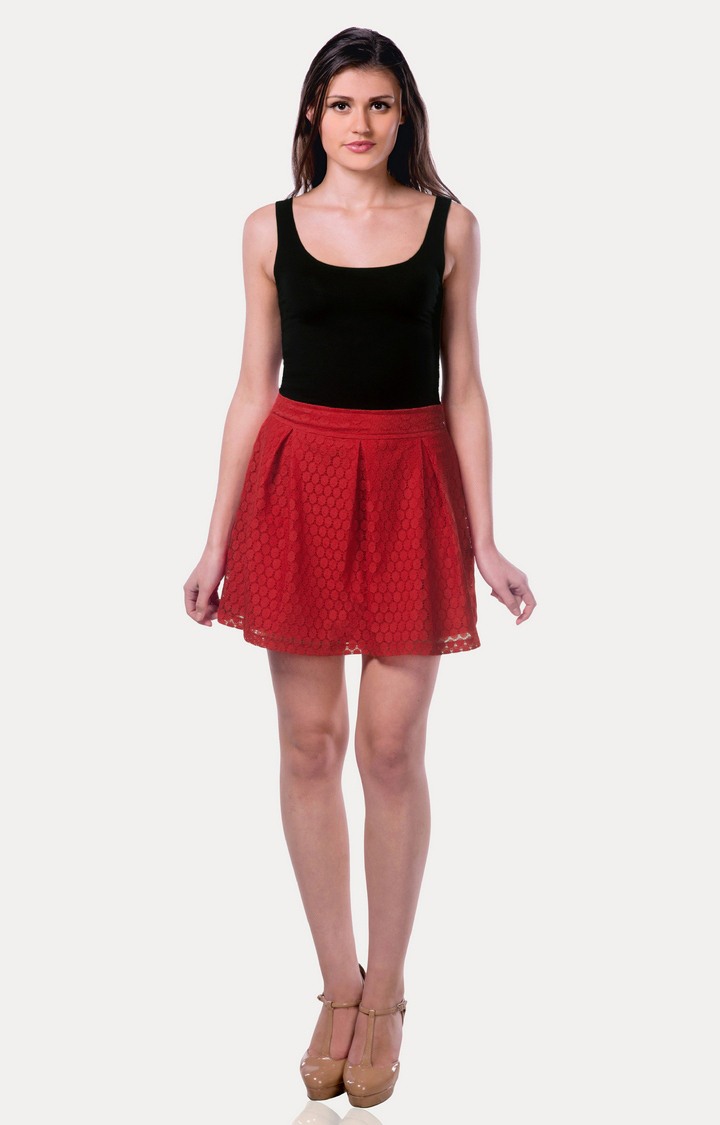 Women's Red Solid Pleated Skirt