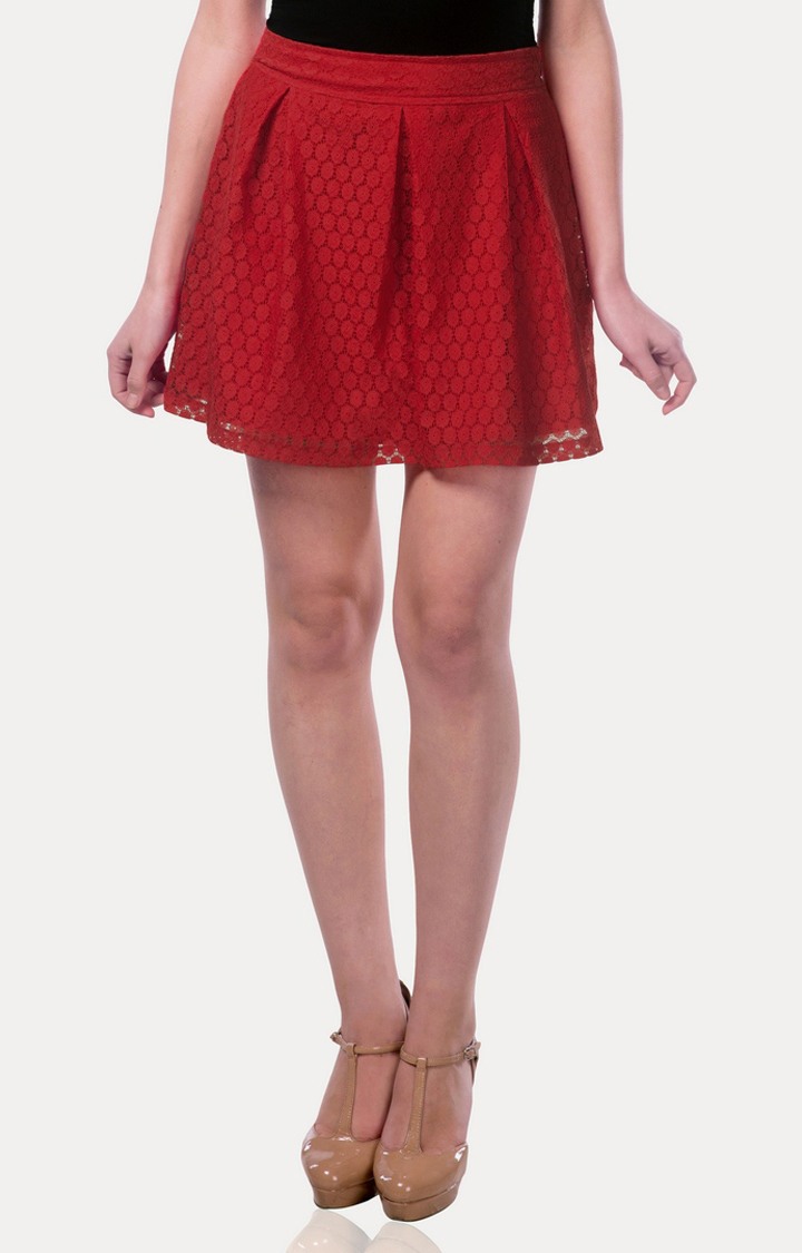 MISS CHASE | Women's Red Solid Pleated Skirt