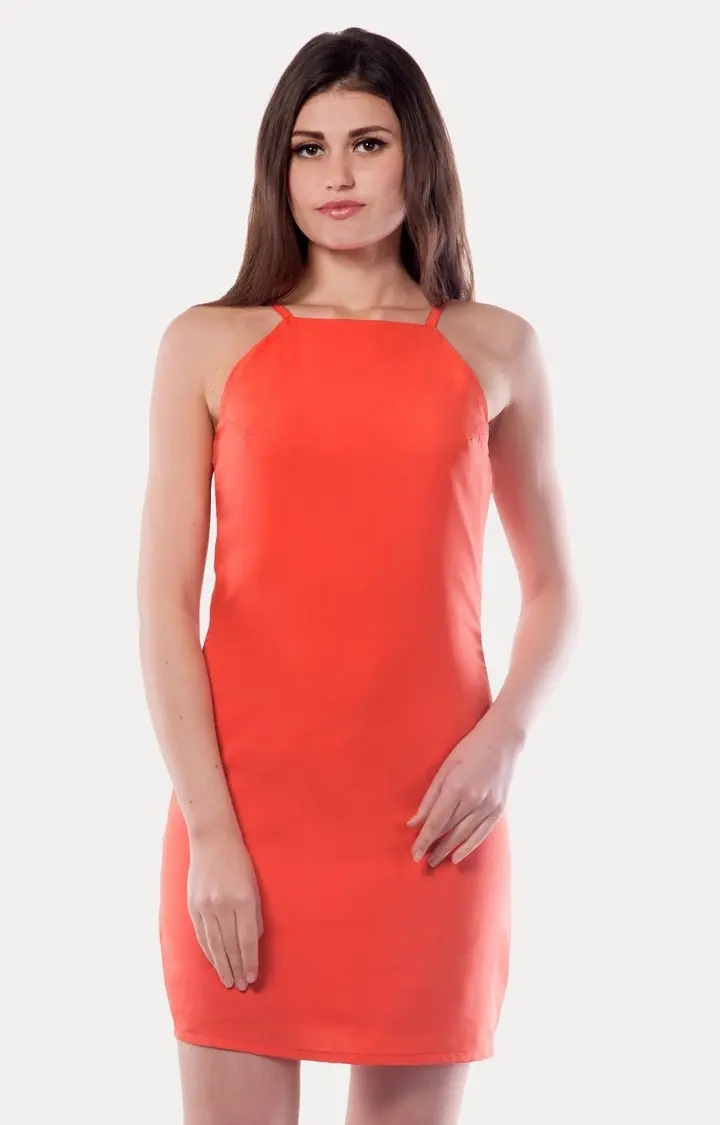 MISS CHASE | Women's Orange Crepe SolidEveningwear Sheath Dress