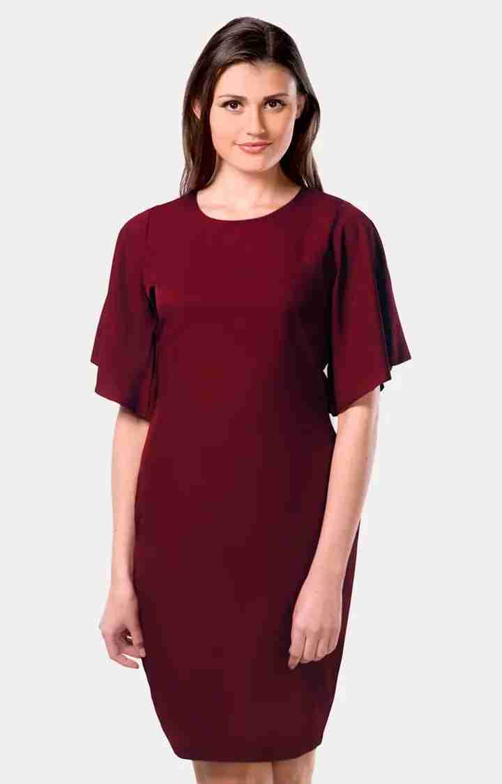 MISS CHASE | Women's Red Crepe SolidCasualwear Shift Dress