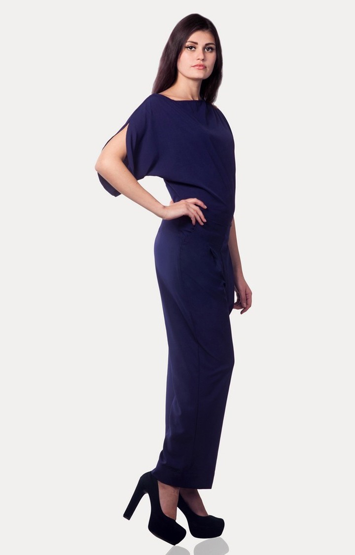 MISS CHASE | Women's Blue Crepe SolidCasualwear Jumpsuits