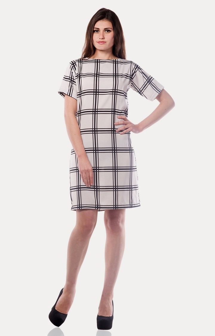 Women's White Crepe CheckedCasualwear Shift Dress