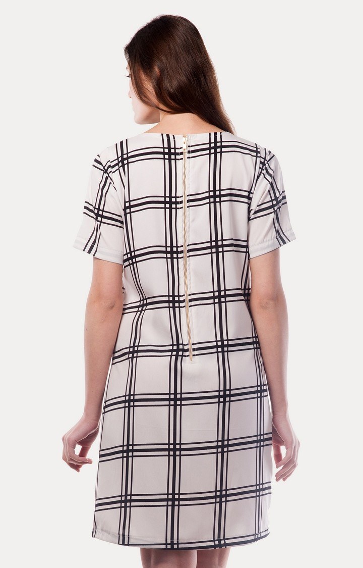 Women's White Crepe CheckedCasualwear Shift Dress