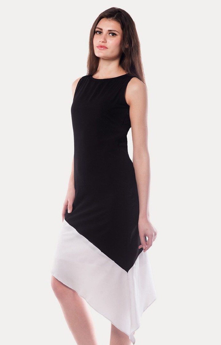 Women's White Crepe ColourblockEveningwear Asymmetric Dress