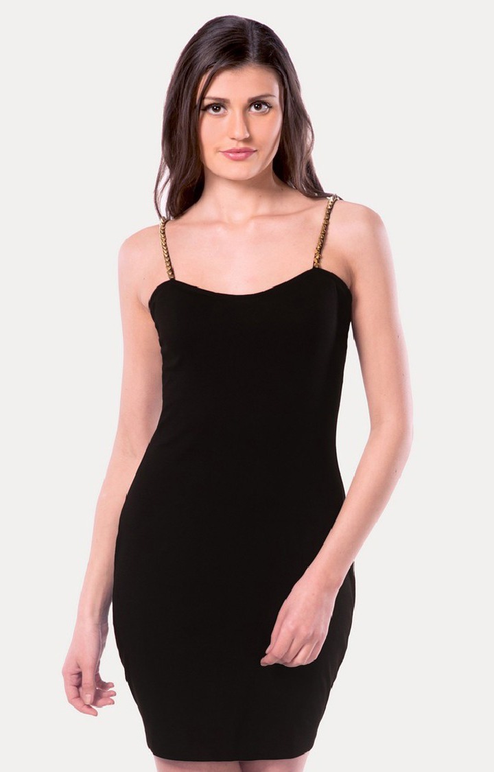 MISS CHASE | Women's Black Viscose SolidEveningwear Bodycon Dress