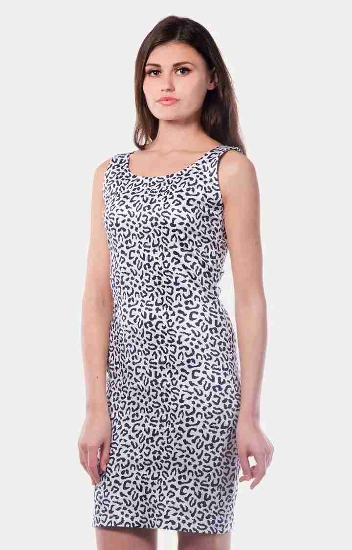 Women's White Polyester PrintedCasualwear Bodycon Dress