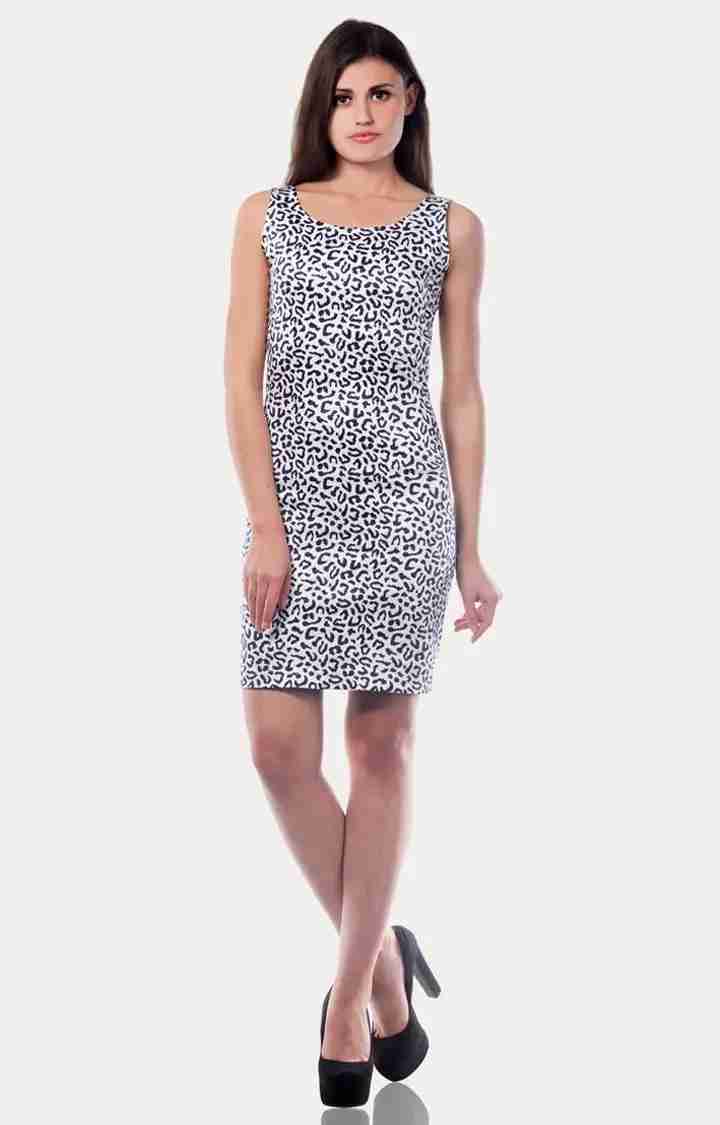 Women's White Polyester PrintedCasualwear Bodycon Dress