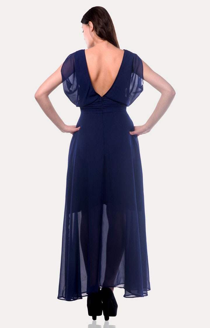 Women's Blue Cotton SolidEveningwear Maxi Dress