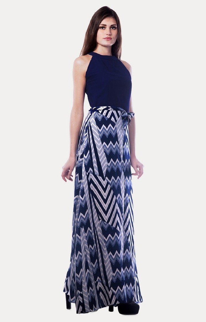 MISS CHASE | Women's Blue Crepe PrintedCasualwear Gowns