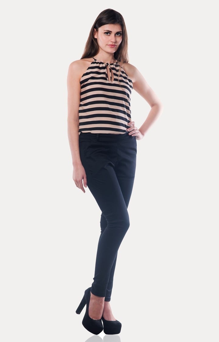 MISS CHASE | Women's Black Polyester StripedCasualwear Tops