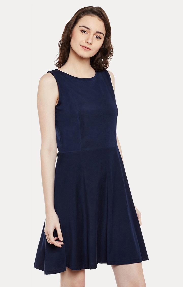 Women's Blue Cotton SolidCasualwear Skater Dress