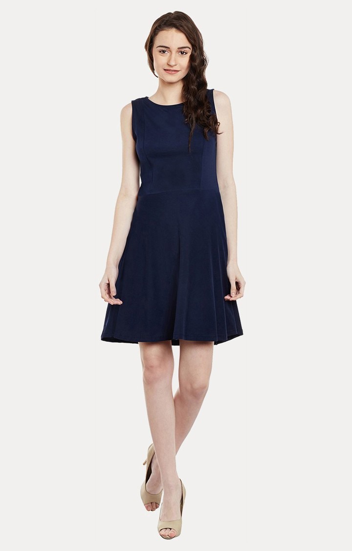Women's Blue Cotton SolidCasualwear Skater Dress