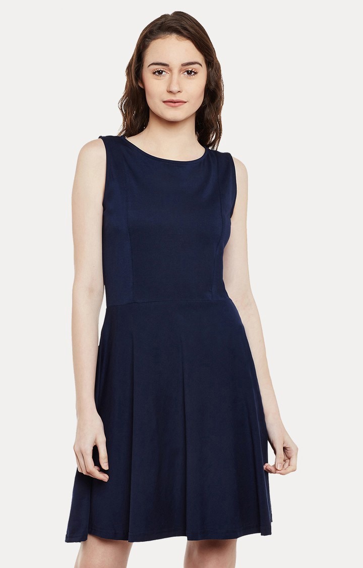MISS CHASE | Women's Blue Cotton SolidCasualwear Skater Dress