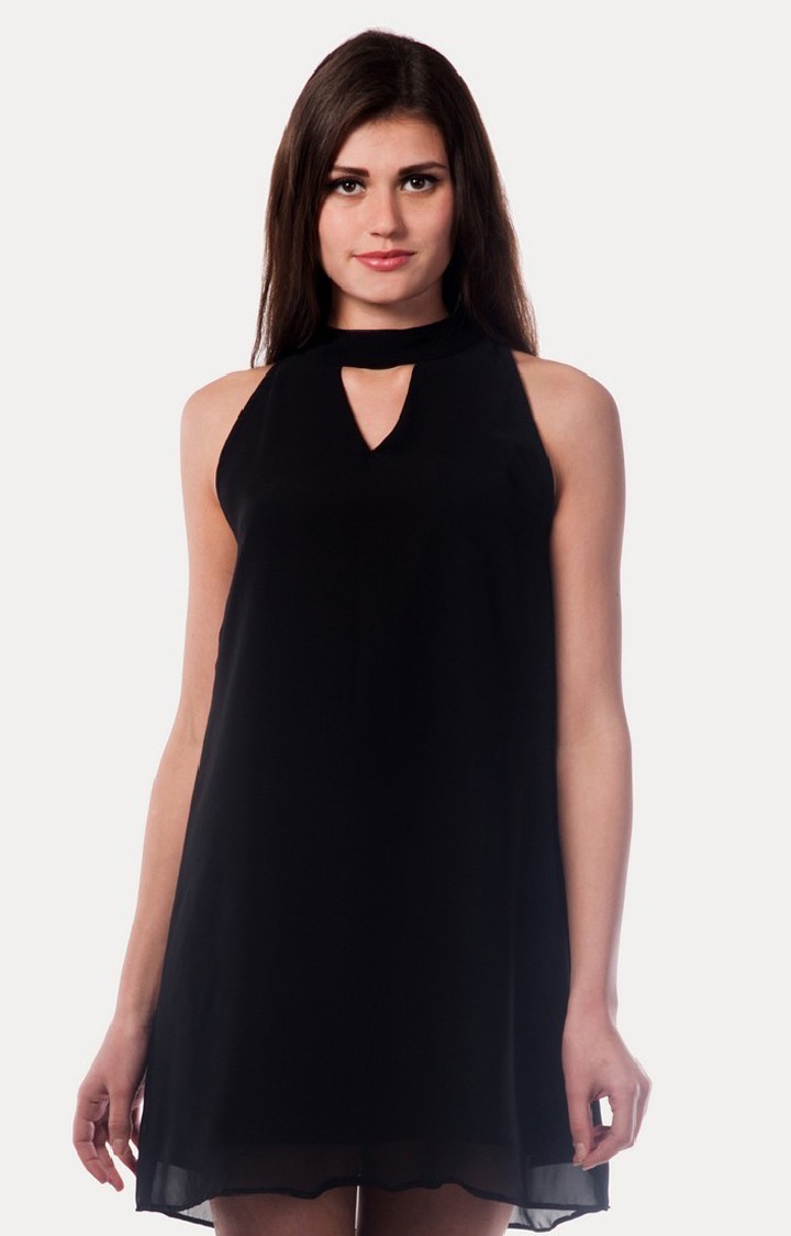 MISS CHASE | Women's Black Cotton SolidEveningwear Shift Dress
