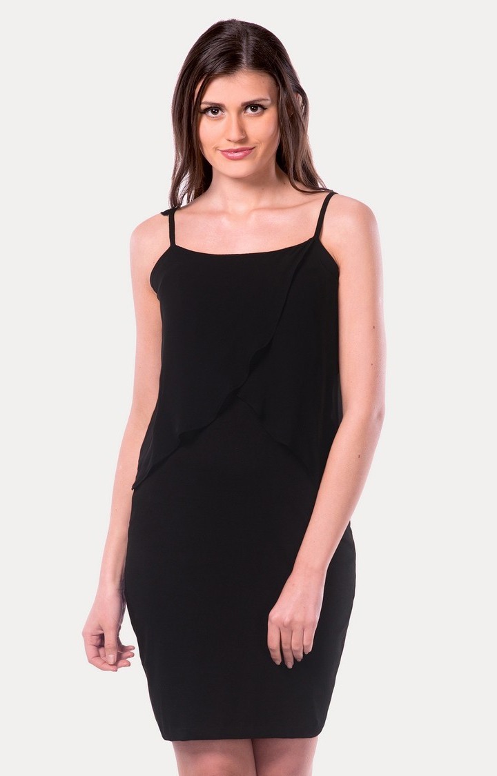 MISS CHASE | Women's Black Viscose SolidEveningwear Sheath Dress