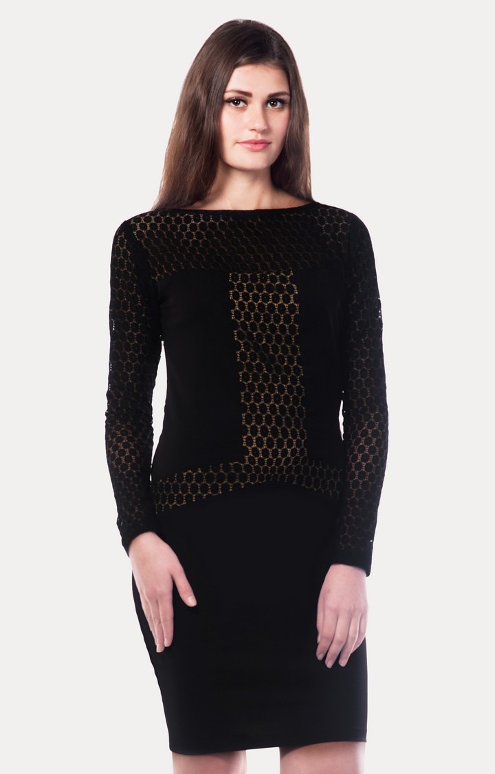 MISS CHASE | Women's Black Crepe SolidEveningwear Sheath Dress