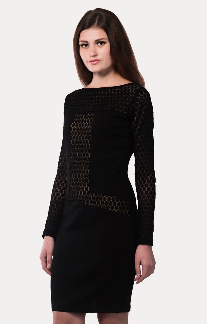 Women's Black Crepe SolidEveningwear Sheath Dress