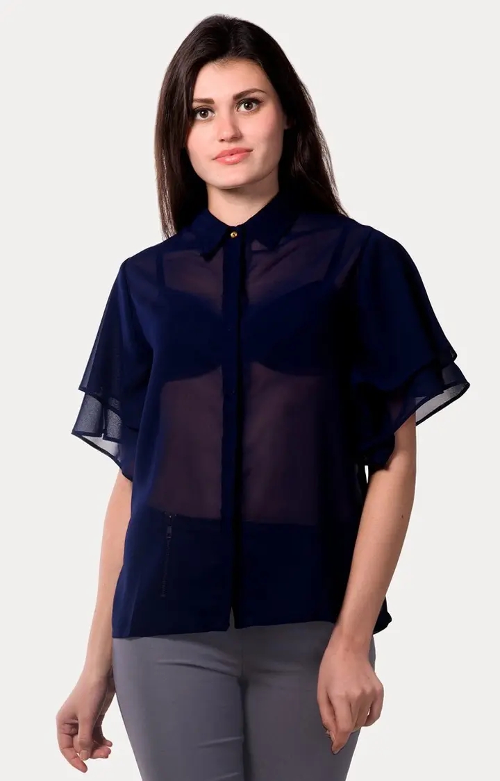 MISS CHASE | Women's Blue Solid Casual Shirts 0