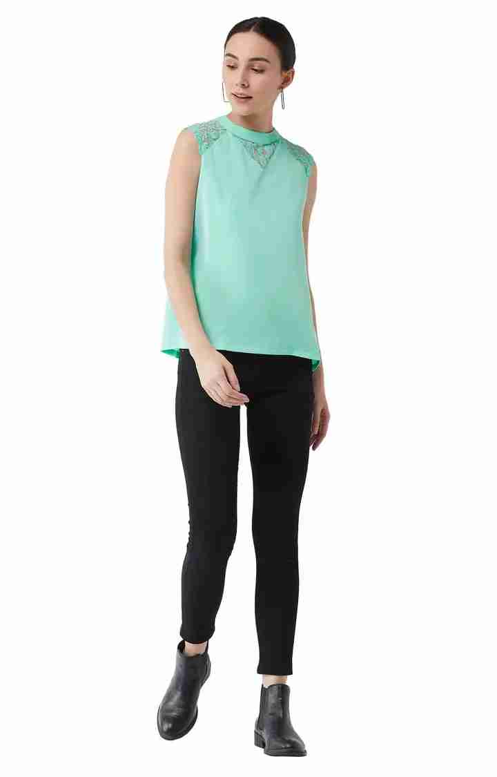 Women's Green Crepe SolidCasualwear Tops