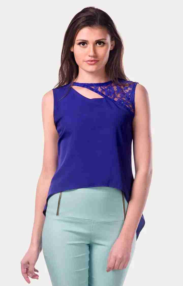 MISS CHASE | Women's Blue Crepe SolidCasualwear Tops