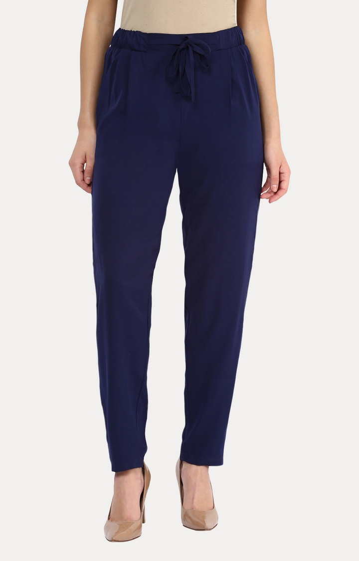 MISS CHASE | Women's Blue Solid Casual Pants