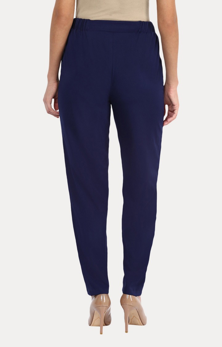 Women's Blue Solid Casual Pants