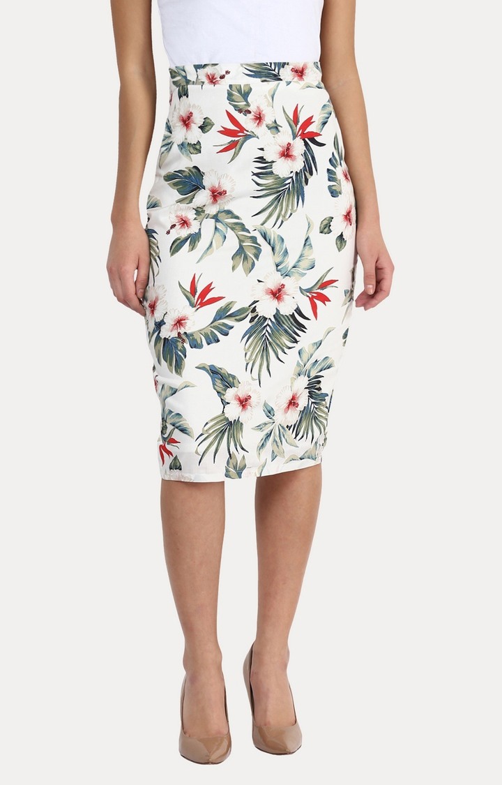MISS CHASE | Women's White Floral Straight Skirt
